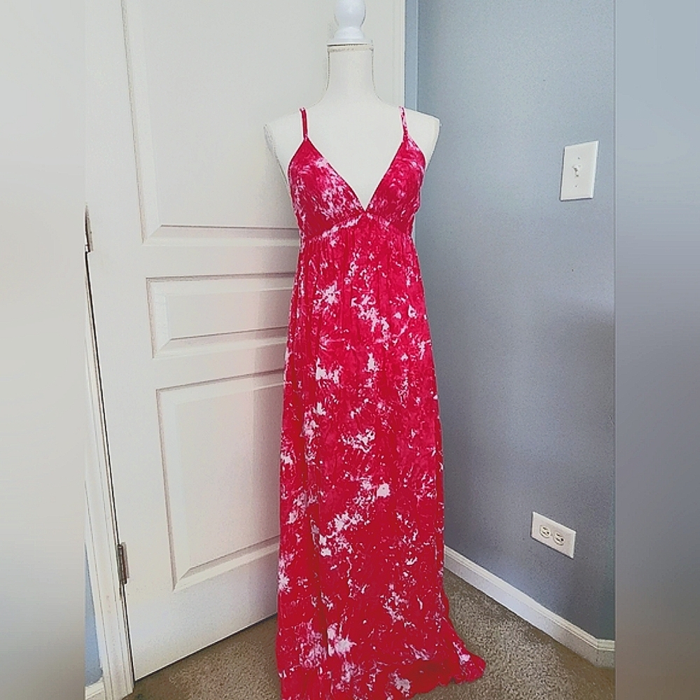NWT- Tiare Hawaii, Maxi Dress Coverup in Fuchsia & White, Size Small